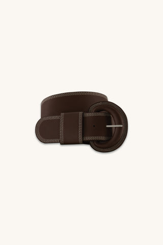 Biarritz Belt in Espresso, wide deep brown vegan leather belt with a covered round buckle and cream contrast stitching, The Noli Shop