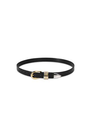 The Blair Belt - Black features a slim black faux leather strap, mixed gold and silver metal loops, and decorative gold rings, shown on a white background.
