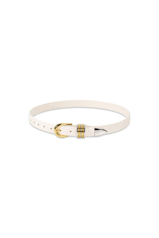 The Blair Belt - Pearl is a slim white faux leather belt with a gold buckle and accent rings, elegantly displayed in a circular shape on a plain white background.