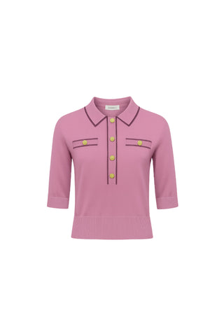The Bobbi Polo Shirt in Dusty Rose is crafted from ultra-soft knit with short sleeves, a collared neckline, four gold front buttons, and two chest pockets with gold buttons and black trim—ideal for elevated casual wear.