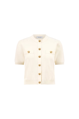 The Bonnie Knit Cardigan Top - Pearl is a short-sleeved, cream knit cardigan featuring a round neckline, front button closure, and double rows of gold buttons on the chest pockets and center.
