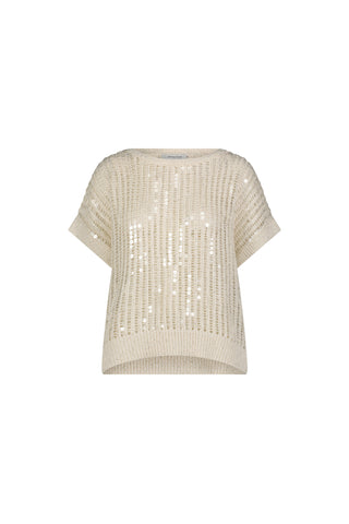 The Carmela Sequin Knit Top - Pearl is a beige short-sleeve sweater with a loose open-weave design, horizontal rows of holes, and ribbed hem, cuffs, and neckline.
