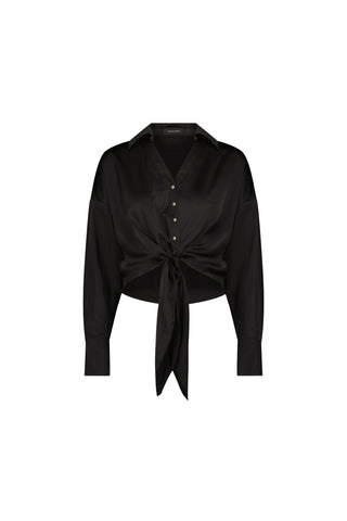 The Cecilia Silk Tie-Front Blouse in black features long sleeves, a collared neckline, button-down front, wide cuffs, and a slightly loose fit. This lightweight blouse offers effortless style.