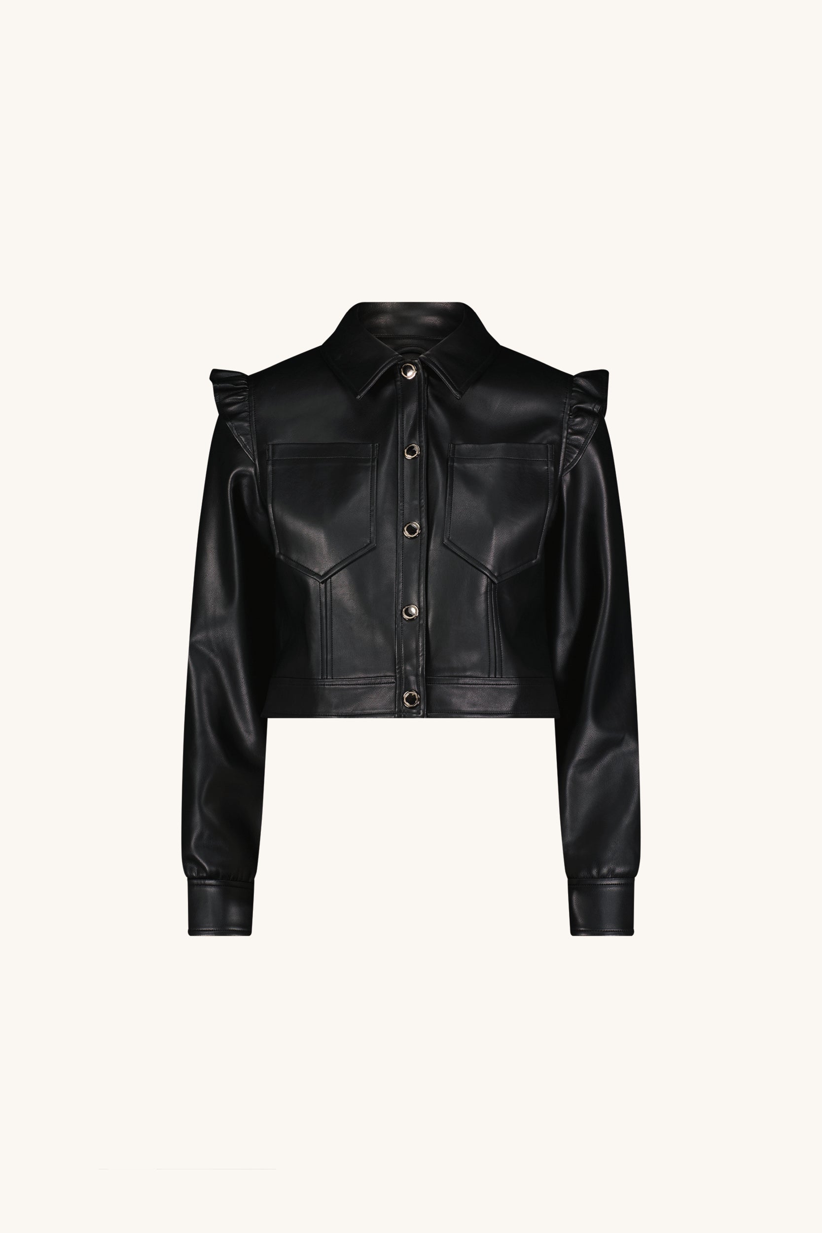Chantal Ruffle Sleeve Leather Jacket - Black | The Noli Shop