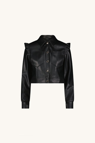Chantal Ruffle Sleeve Leather Jacket - Black