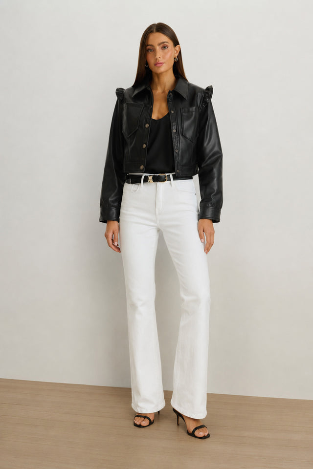 Chantal Ruffle Sleeve Leather Jacket - Black styled view showing the ruffle shoulder detail