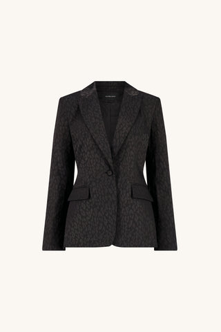 Cheryl Single Breasted Silk Blazer in Black Leopard, flat lay. Black satin jacquard blazer with tone-on-tone leopard, single button and flap pockets, The Noli Shop