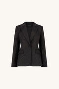 Cheryl Single Breasted Silk Blazer in Black Leopard, flat lay. Black satin jacquard blazer with tone-on-tone leopard, single button and flap pockets, The Noli Shop