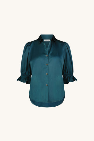 Cindy Ruffle Sleeve Blouse in Deep Teal flat lay showing the deep teal tone, The Noli Shop