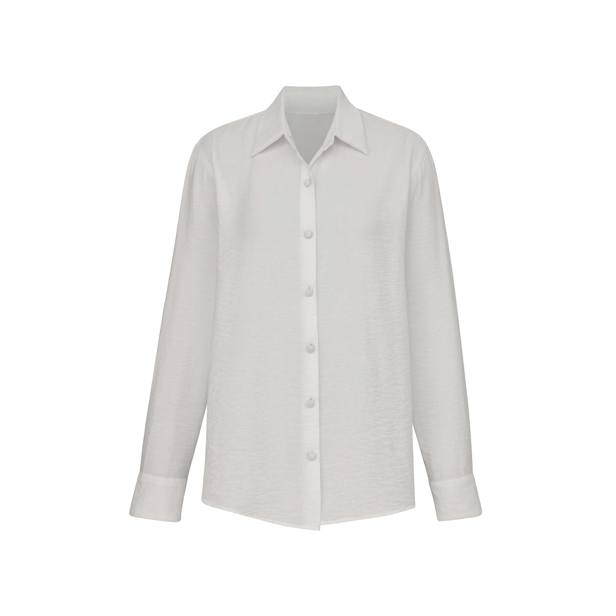 Standalone product shot of sheer and textured button up long sleeve shirt.
