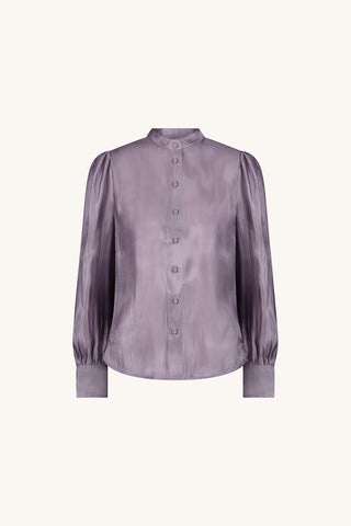 Colette Blouse in Lavender flat lay showing the pale lavender satin