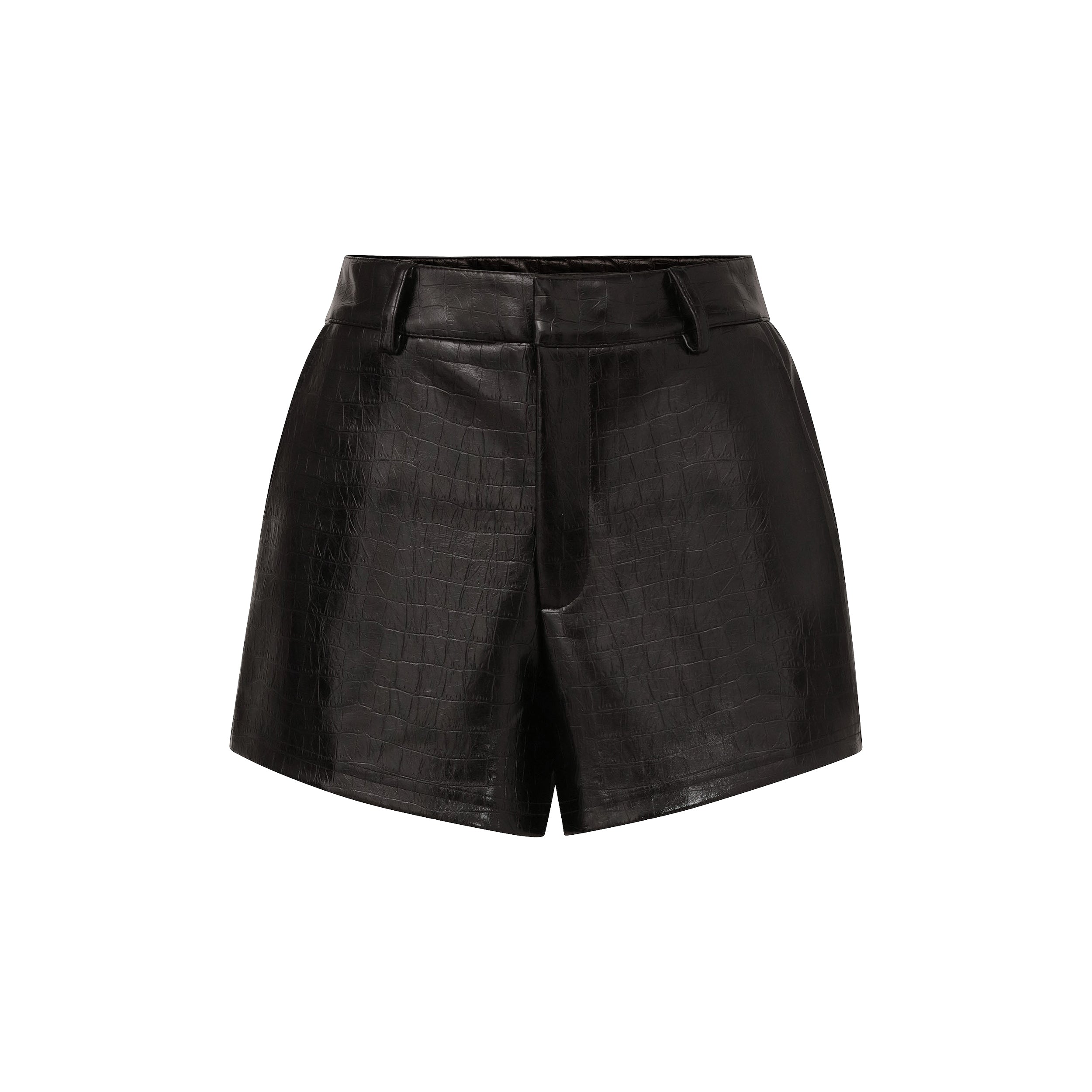 Front view product shot of black faux leather short with croco embossed pattern.