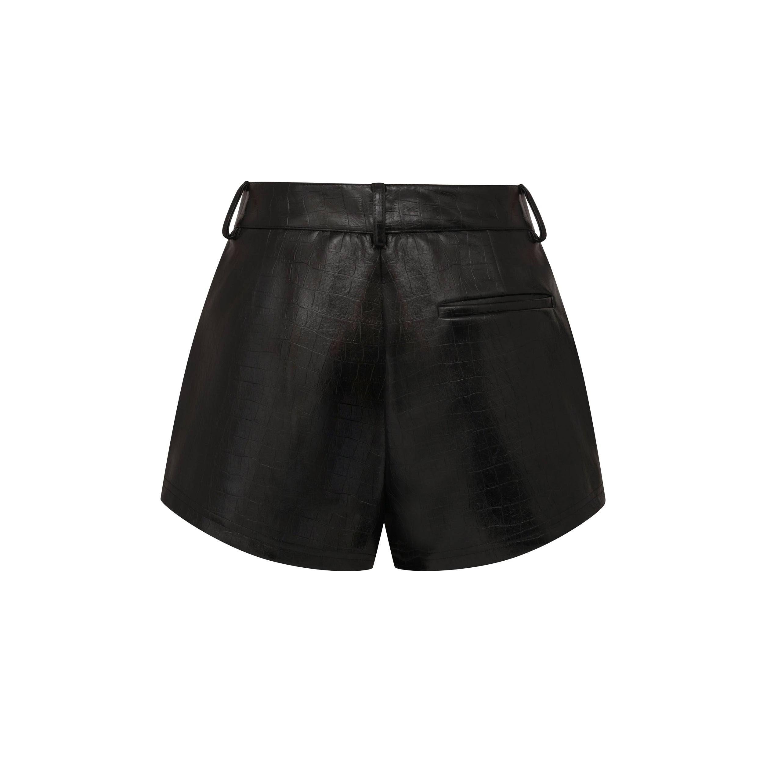 Rear view product shot of black faux leather short with croco embossed pattern.