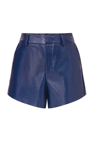Discover the chic appeal of the Croco Faux Leather Short in Midnight Blue. Crafted to elongate your legs with a high waist and belt loops, these shorts feature a subtle crocodile pattern and a sleek, shiny finish—ideal for enhancing your spring wardrobe.