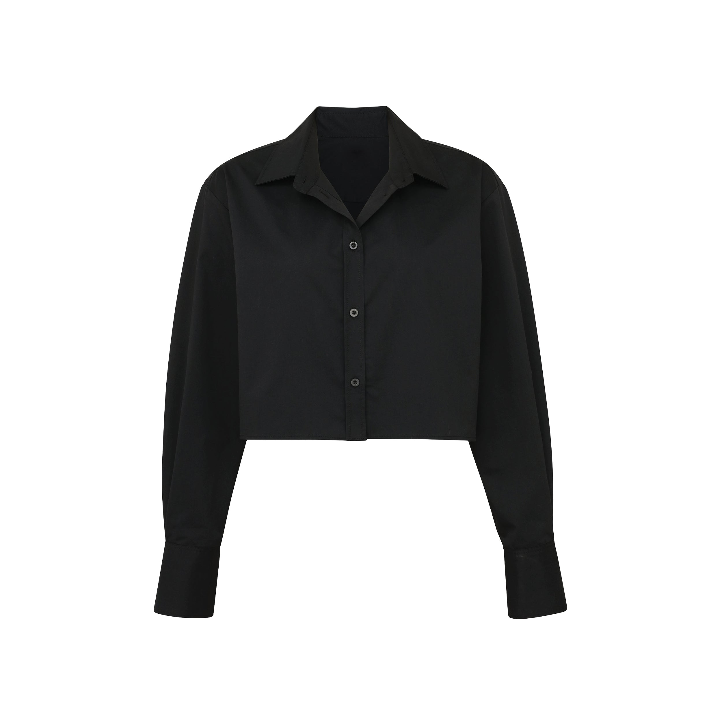 Front view Product shot of black cropped button up shirt