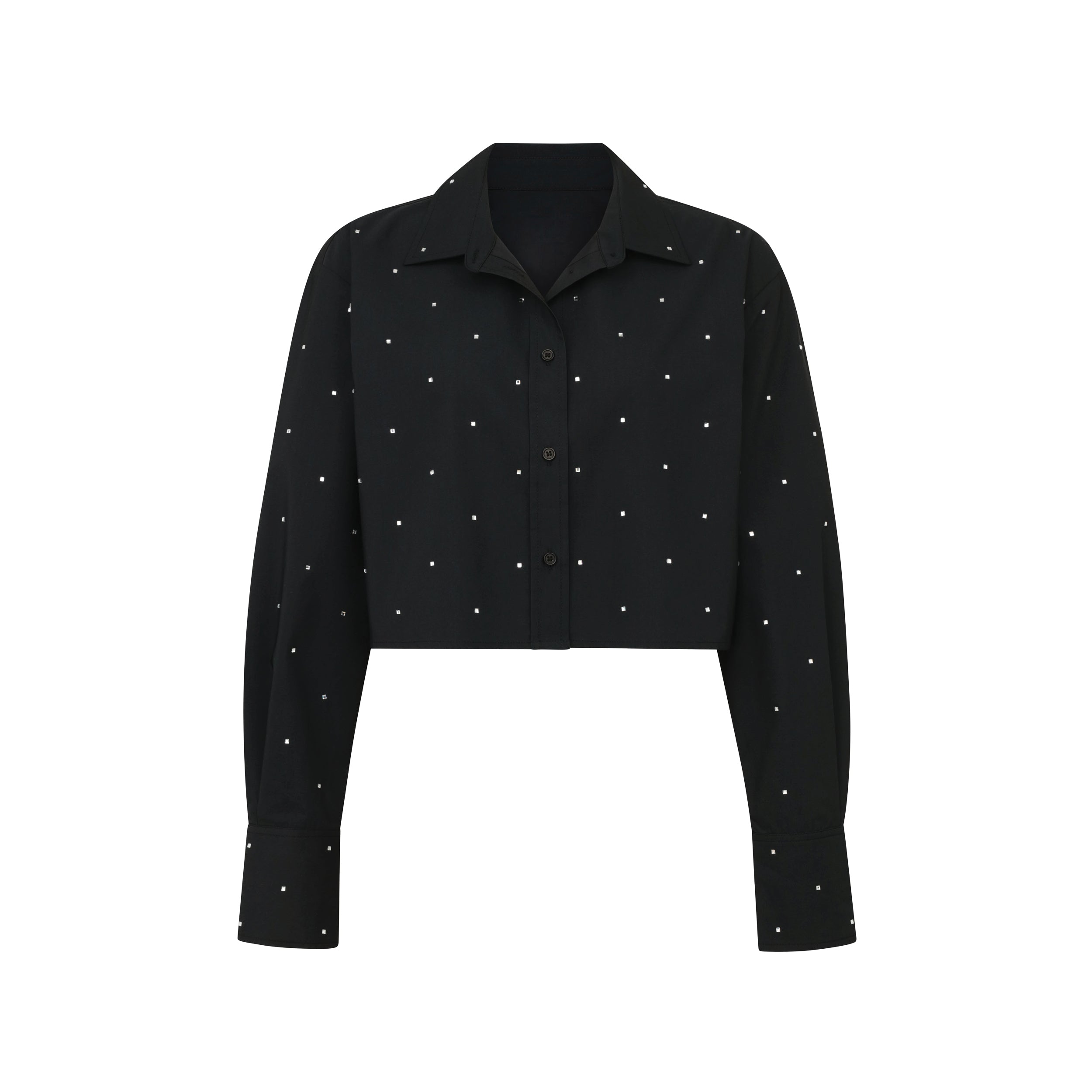 Product shot of black cropped button down shirt with crystal embellishments