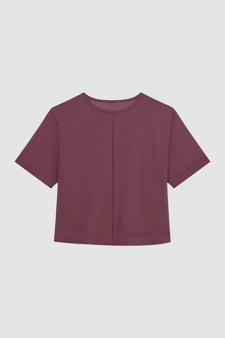 The Daphne Soft T-Shirt in maroon is crafted from ultra-soft fabric, featuring a rounded neckline and displayed against a white background.