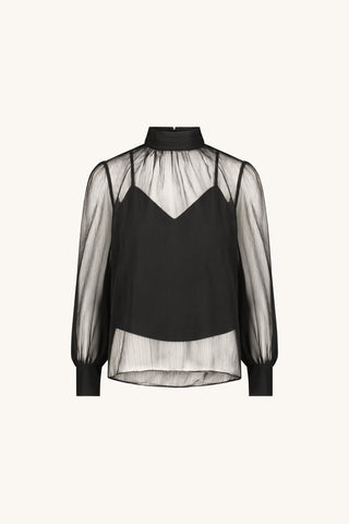 Darcy Chiffon Blouse in Black, flat lay. Sheer black crinkle chiffon blouse with mock neck, blouson sleeves and fitted black lining, The Noli Shop