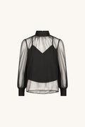 Darcy Chiffon Blouse in Black, flat lay. Sheer black crinkle chiffon blouse with mock neck, blouson sleeves and fitted black lining, The Noli Shop