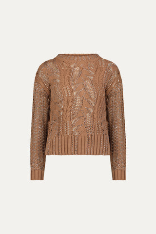 Elea Crystal Knit Sweater - Mocha, a long-sleeved light brown sweater with a loose cable-knit design and ribbed cuffs, hem, and neckline, shown on a plain white background.