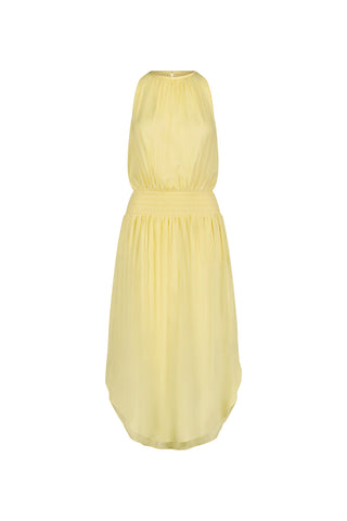 The Emelia Halter Dress in Sunshine Yellow is a sleeveless summer dress with a gathered neckline, cinched waist, and flowy knee-length skirt, shown against a plain white background.