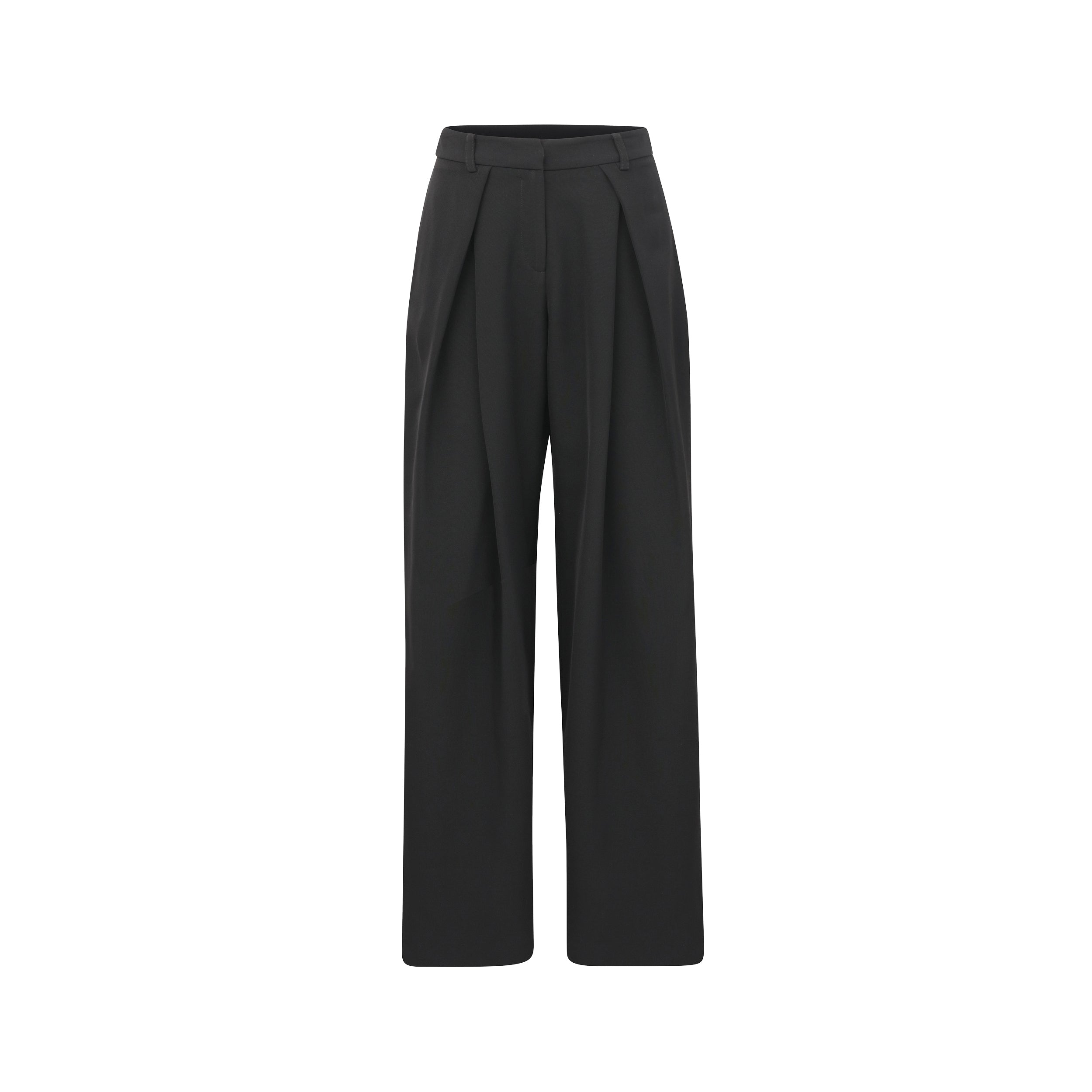 Front view of pleated black trousers with stretch fabric