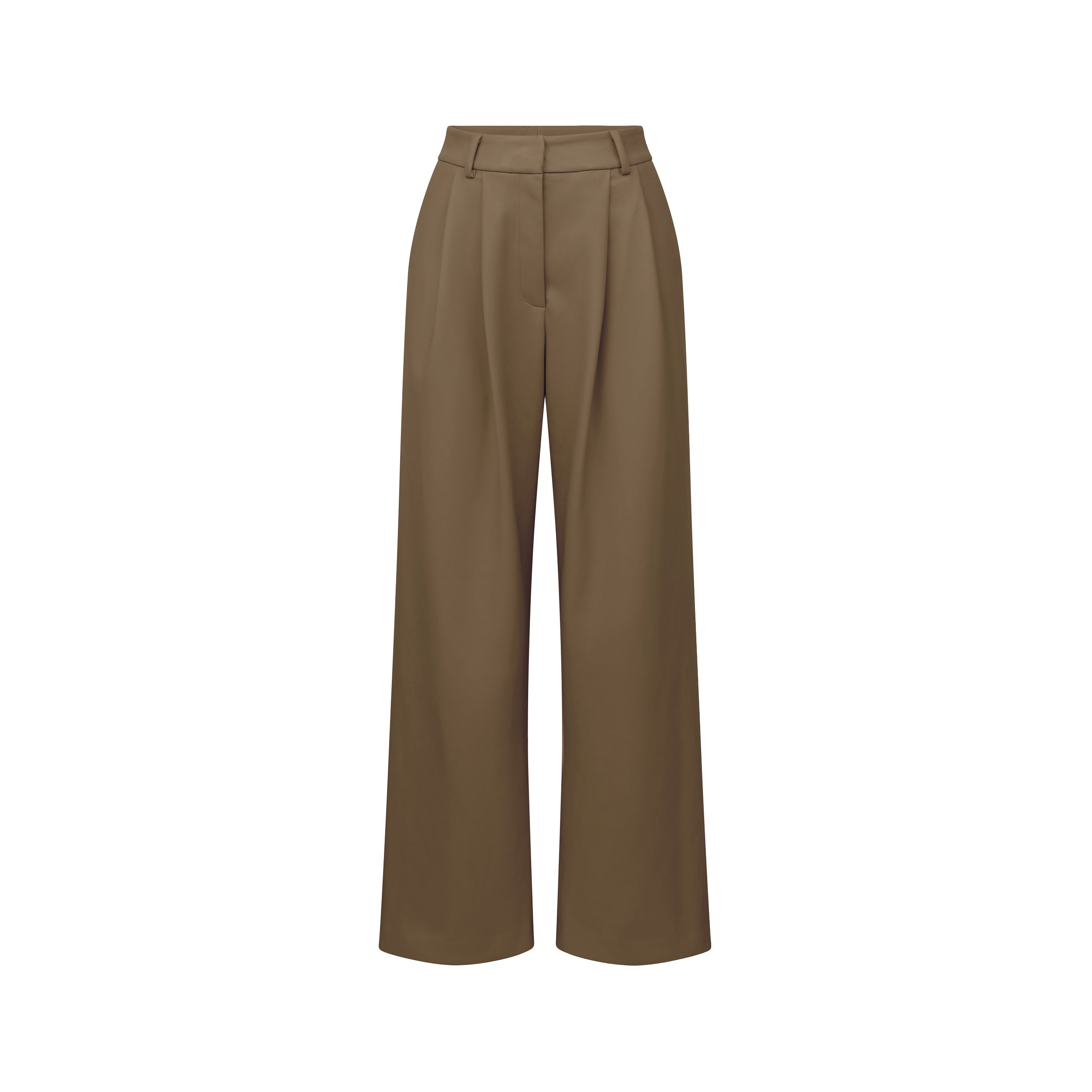 Product shot of pleated high rise faux leather brown trouser.
