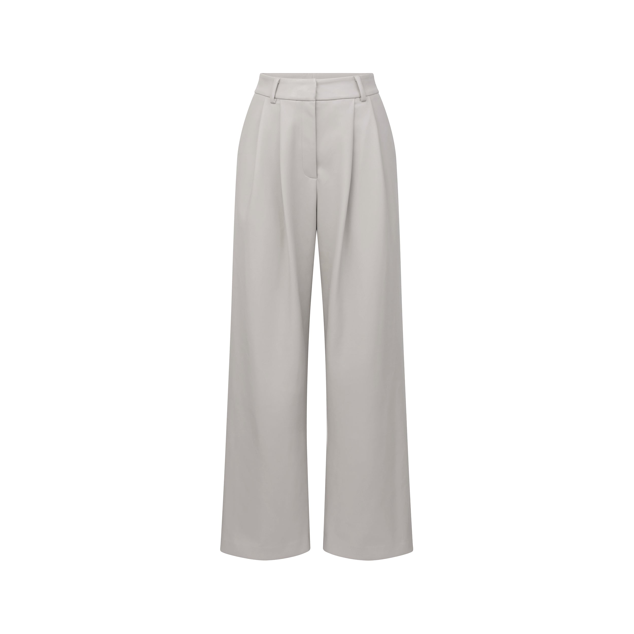 Product shot of pleated high rise faux leather beige colored trouser.
