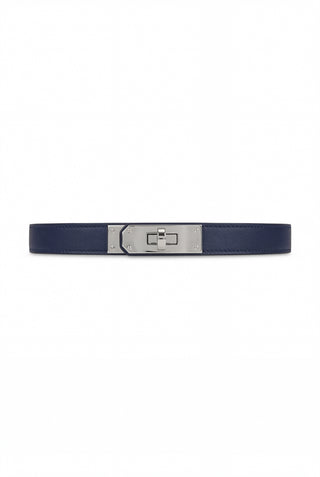 The Nicola Belt - Navy is a vegan leather belt with a silver rectangular buckle and lock closure, shown on a plain white background.