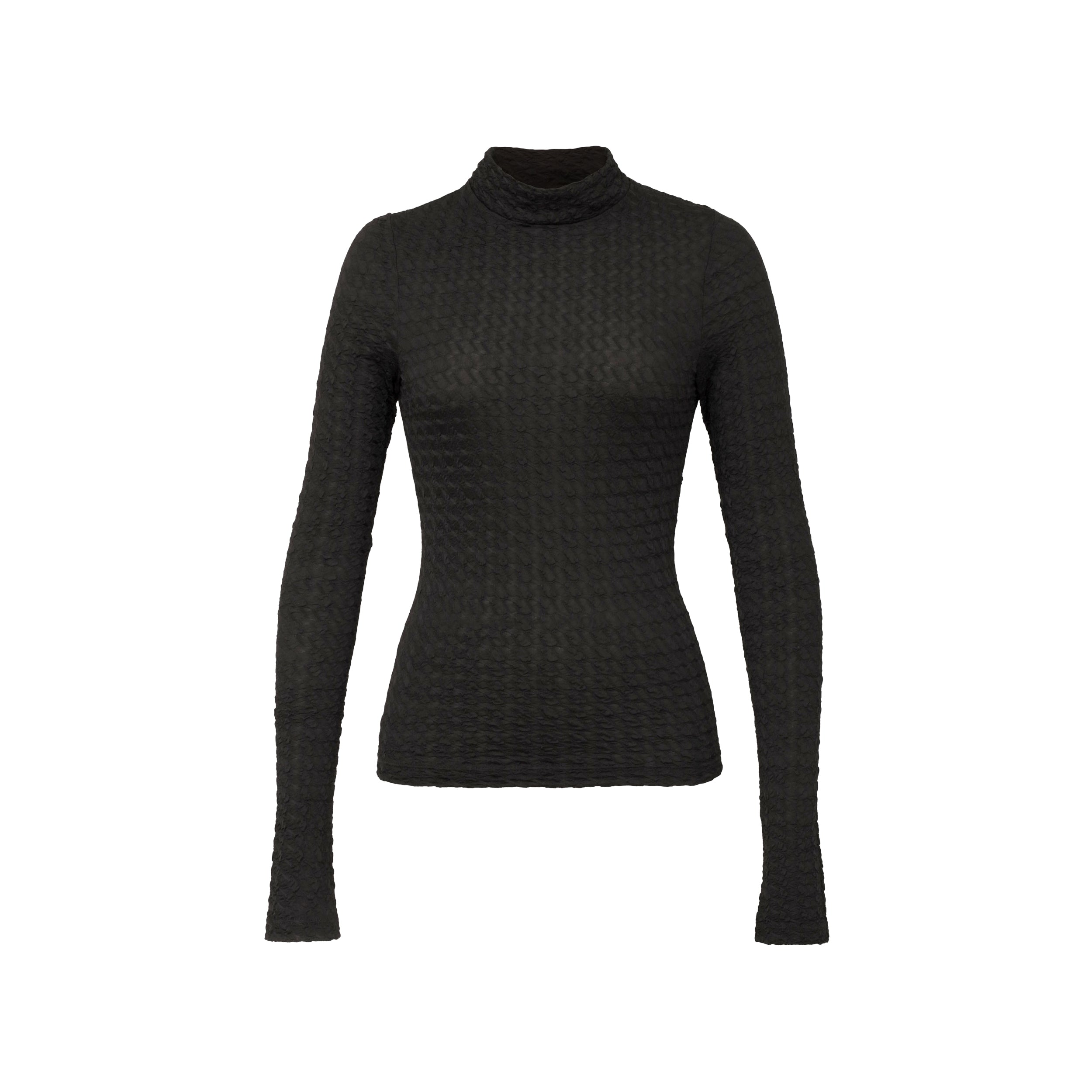 Front view of black stretch mesh textured turtleneck sweater