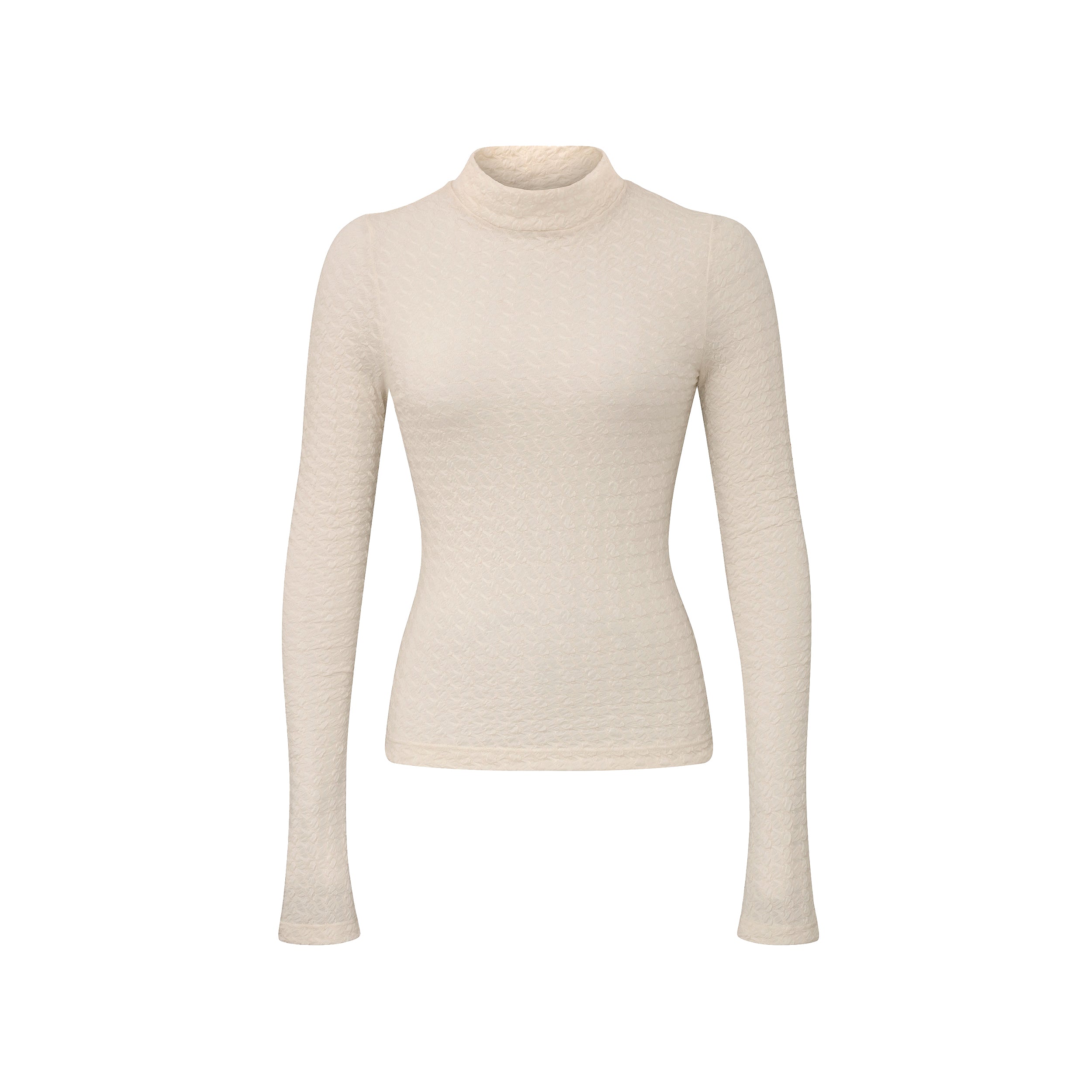 Product shot of ivory stretch mesh textured turtleneck sweater