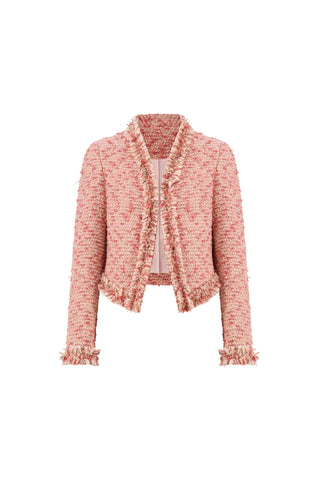 The Florence Tweed Jacket - Rose Multi is a long sleeve, open front tweed jacket with raw edge trim, shown against a white background.