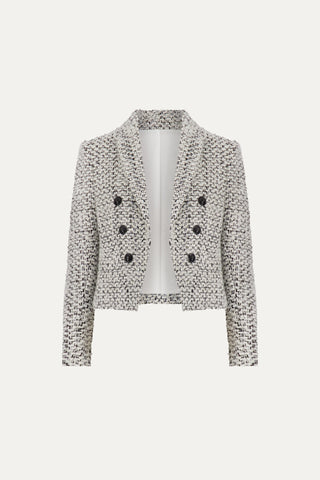 The Gabrielle Tweed Double Breasted Blazer - Grey Multi features a cropped, textured design with long sleeves, a notched collar, four black front buttons, and a chic blend of white, black, and gray for timeless elegance.