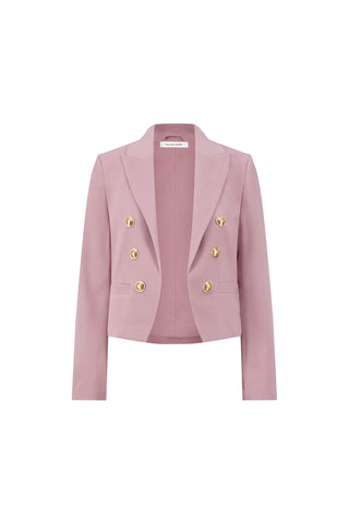 The Gabrielle Double Breasted Blazer - Blush features a tailored, structured design with long sleeves, gold double-breasted buttons, two front pockets, and an open front for a modern take on the classic blazer.