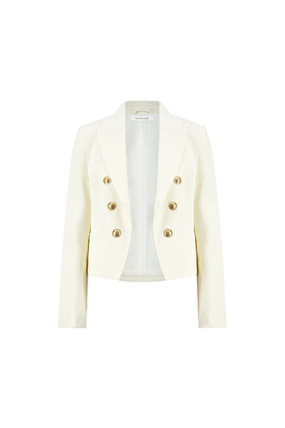 The Gabrielle Double Breasted Blazer - Pearl features a tailored waist, gold buttons, long sleeves, a structured open front, notched collar, and two front pockets for a refined look.