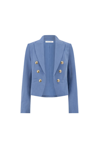 The Gabrielle Double Breasted Blazer in Serene Blue features a tailored waist, cropped fit, long sleeves, six gold buttons, and two side pockets.