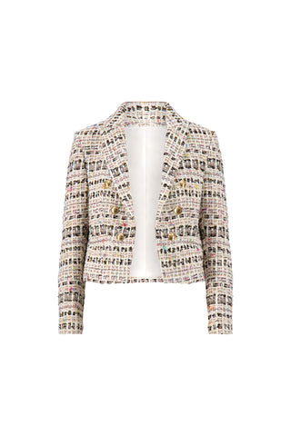 The Gabrielle Double Breasted Tweed Blazer in Ecru Multi features a cropped, long-sleeve design with a colorful grid pattern and decorative front buttons, shown against a white background.