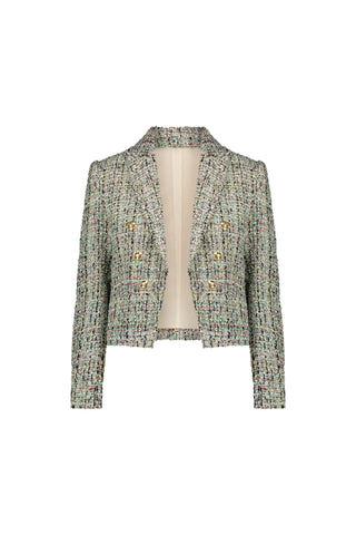 The Gabrielle Double Breasted Tweed Blazer - Teal Multi is a cropped, long-sleeve blazer in multicolored tweed with gold buttons and a tailored collar, shown against a white background.