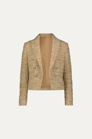 Gabrielle Tweed Double Breasted Blazer - Gold Multi, a cropped blazer crafted in gold multi textured tweed, features long sleeves, a double-breasted front adorned with metallic buttons, and is displayed against a plain white background. This blazer delivers a bold, Chanel-inspired look with its radiant tweed finish.
