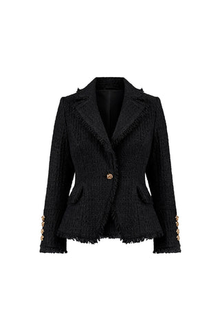 The Giselle Single Breasted Tweed Blazer - Black features textured tweed, a single decorative front button, notched lapels, a slightly flared hem, and three gold cuff buttons, shown against a plain white background.