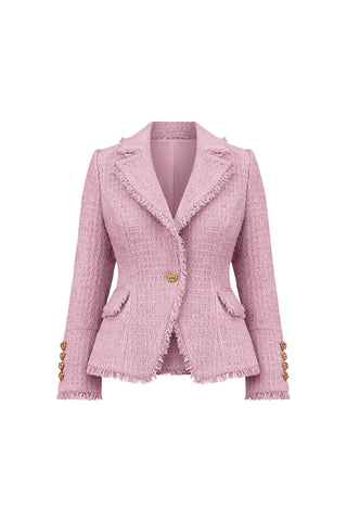 The Giselle Single Breasted Tweed Blazer in blush features textured light pink tweed, frayed edges, gold knot buttons, two flap pockets, padded shoulders, and a tailored fit. No visible lining for a sleek finish.