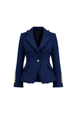 The Giselle Single Breasted Tweed Blazer - Navy features padded shoulders, a single gold button closure, gold cuff buttons, notched lapels, and frayed detailing on the hem and lapels.