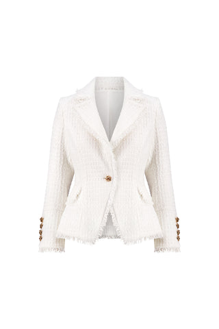The Giselle Single Breasted Tweed Blazer in white features padded shoulders, a single gold button closure, frayed edges, notched lapels, flap pockets, and decorative gold sleeve buttons for women.