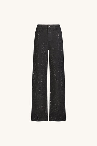 Hallie Crystal Jean in Black, crystal-embellished wide-leg jean, flat lay on a cream background