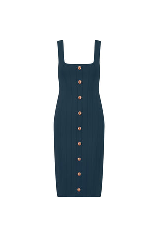 The Helena Button Dress - Ocean is a sleeveless, fitted dark teal knit dress with a square neckline, ribbed texture, vertical gold dome buttons down the front, and a knee-length hem for a sleek, modern look.