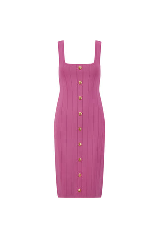 The Helena Button Dress - Petal Pink is a sleeveless, knee-length knit dress with vertical seam details, gold front buttons, and a square neckline for elegant style.