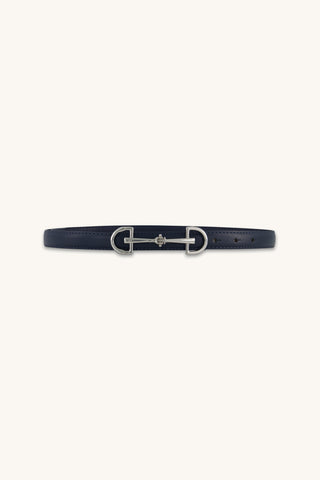 Heritage Belt in Oxford Navy, slim navy belt with silver horsebit buckle, The Noli Shop