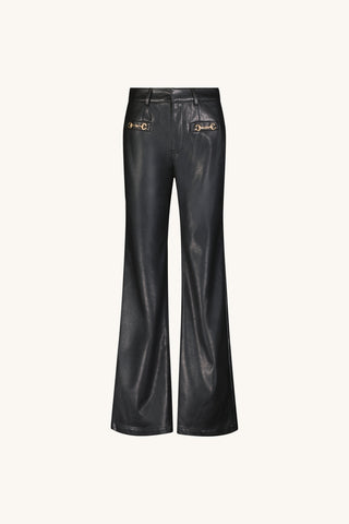 Iman Leather Horsebit Pant in Black flat lay, vegan leather pant with horsebit waist detail, The Noli Shop