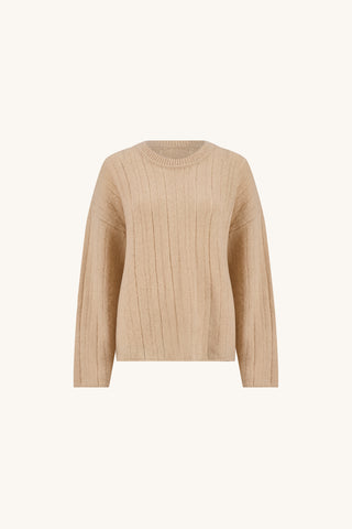 Ingrid Sweater in Latte flat lay, wide-rib crewneck sweater in warm oatmeal latte on a cream background