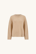Ingrid Sweater in Latte flat lay, wide-rib crewneck sweater in warm oatmeal latte on a cream background